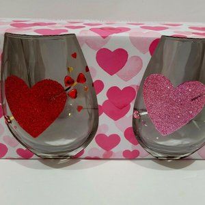 NEW 2 Valentine's Day Heart Stemless Wine Glasses